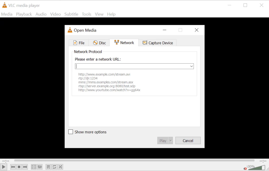 VLC Open Media window, Network tab