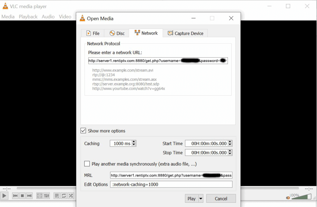 VLC with the rentIPTV M3U link pasted into the network URL box