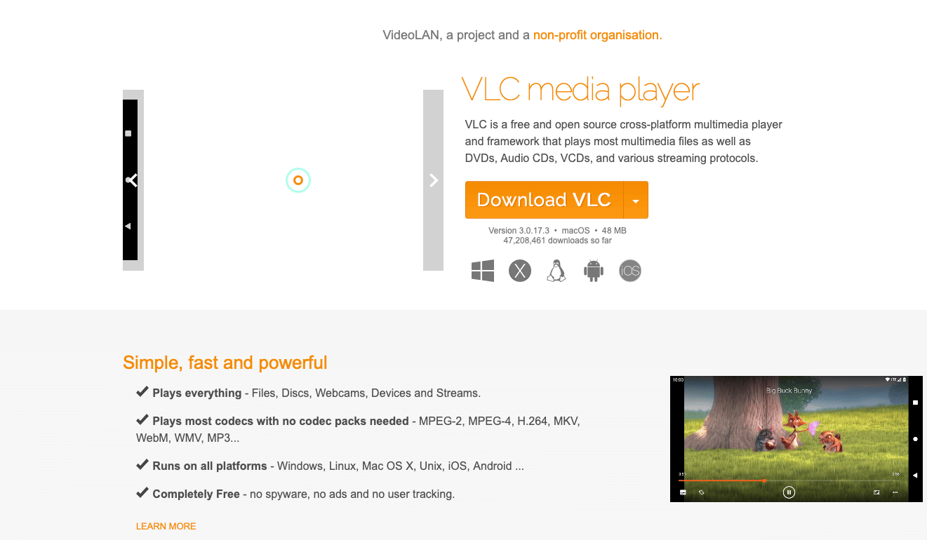 VLC media player website homepage with a prominent orange Download VLC button, version details and platform icons, and a “Simple, fast and powerful” features list alongside a video preview.