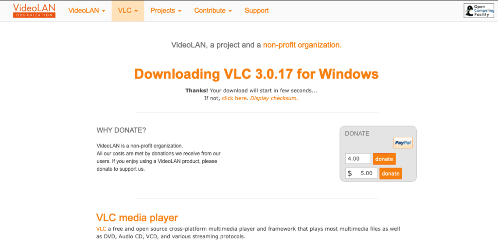 VLC download page on videolan.org