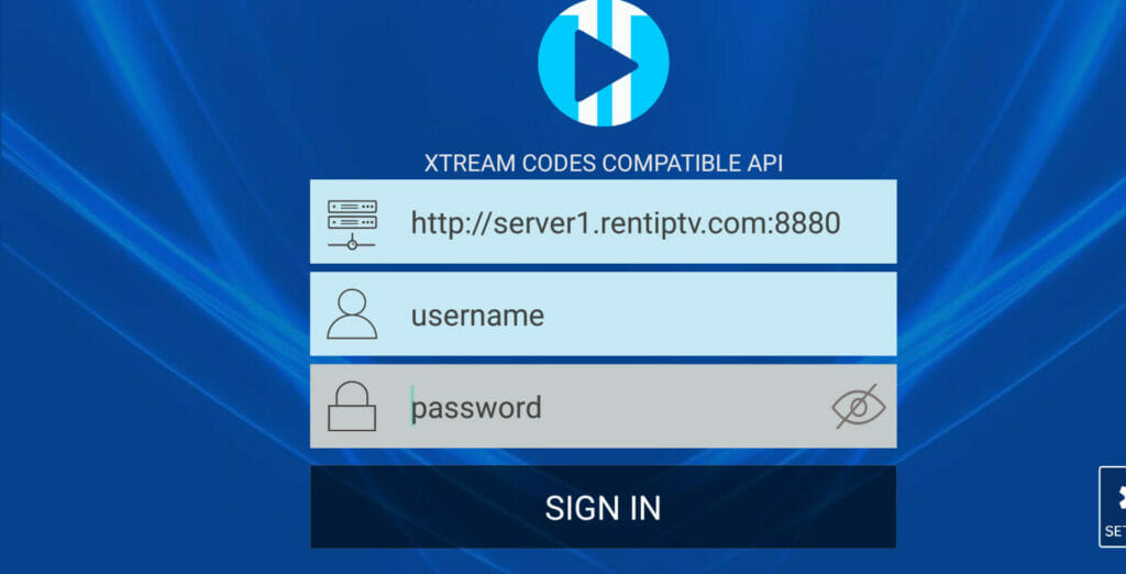 XCIPTV sign-in screen with the rentIPTV server URL
