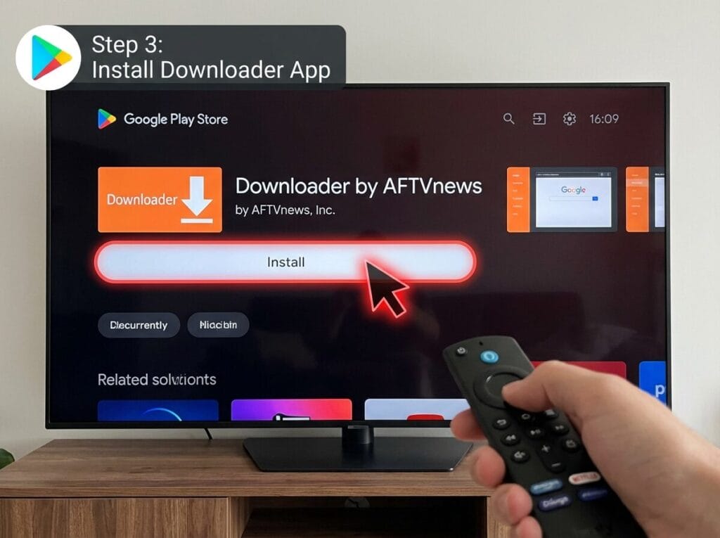 Downloader by AFTVnews in Google Play with the Install button highlighted