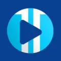 xciptv Circular icon with a blue play button over vertical light blue and white stripes on a dark blue background.
