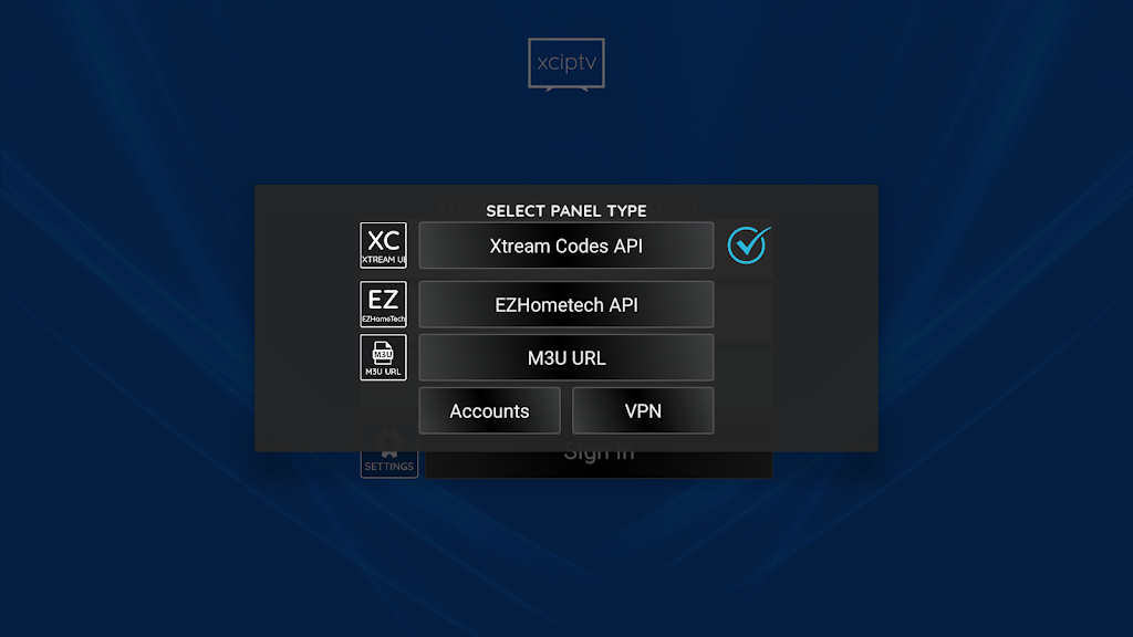 XCIPTV Select Panel Type with Xtream Codes API selected