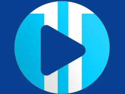 Circular icon with a blue play button over vertical light blue and white stripes on a dark blue background.