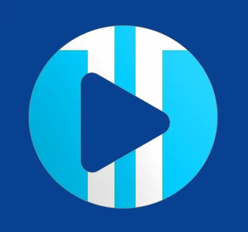 Circular icon with a blue play button over vertical light blue and white stripes on a dark blue background.