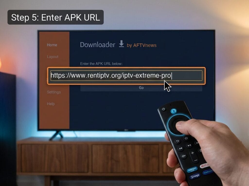Downloader app on a TV, entering https://www.rentiptv.org/iptv-extreme-pro